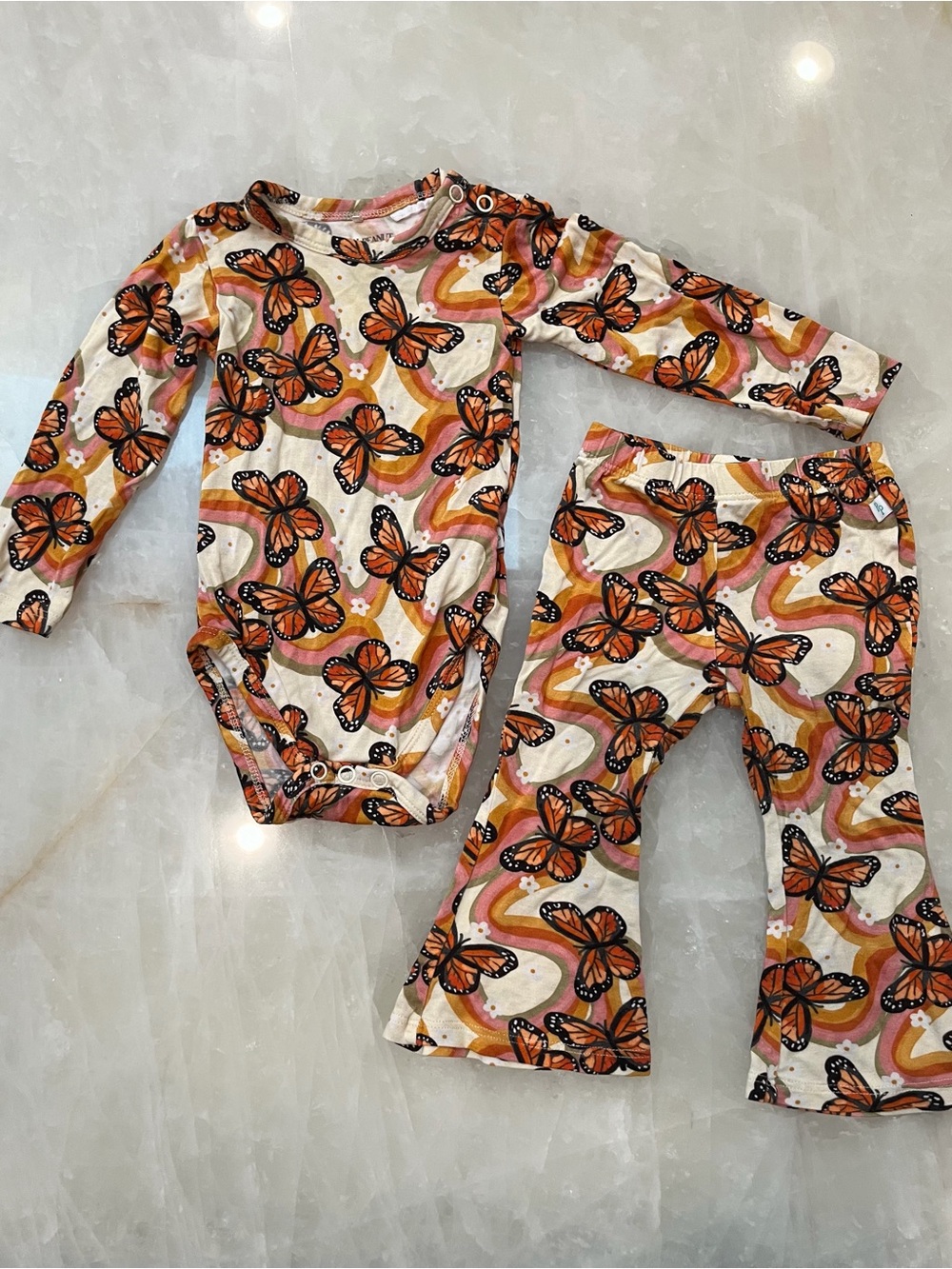 Posh Peanut Orange Butterfly Long-Sleeve onesie with bell bottoms set